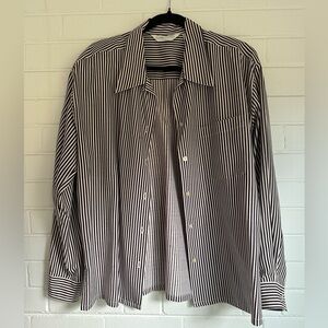 Vintage 100% Silk Black and White Striped Button-Up Shirt Large